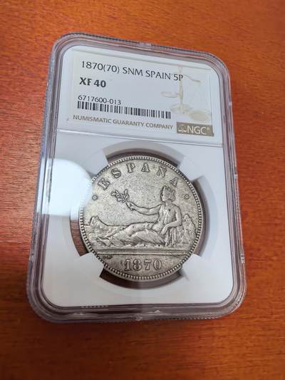 长老汇马年精选第七场拍卖 - 1870(70) SNM 西班牙拿花5比塞塔大银币，NGC XF40