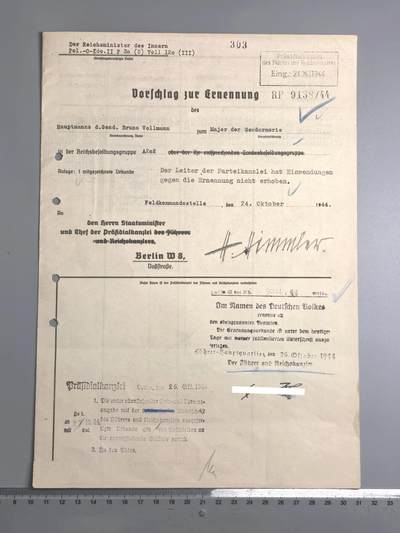 小驴勋章奖章收藏2月22日周日晚六点拍卖（珍爱和平，收藏战争，铭记历史，勿忘国耻，忠党爱国。有偿代拍，送拍规则在简介最后，参拍须阅读规则后再参拍，关系到运费包装发货时效真假辨别等关键信息，拍卖时不再发原图，看大图店主微信码在拍卖店铺介绍里） - SS一把手希姆莱亲签的盖世太保 (Geheime Staatspolizei）少校晋升文件，AH不是亲签，A3大小，已请国内外专家都给鉴定过了，放心购买，终身保真，上万的东西