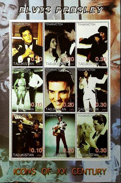 ↓君缘收藏747期☞钱币邮品↓无佣金、可寄存、满30元包邮  - 塔吉克斯坦邮票，2001年“猫王”埃尔维斯·普雷斯利邮票小版张