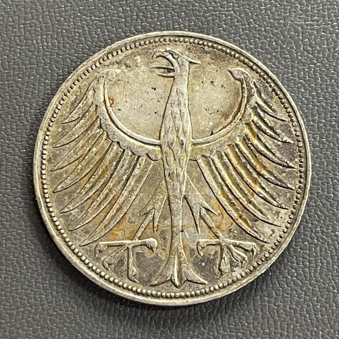 回流0218 新春快乐，马年大吉！ 联邦德国（西德）1958年G厂5马克联邦之鹰银币 银价11.2*62.5%*20=140