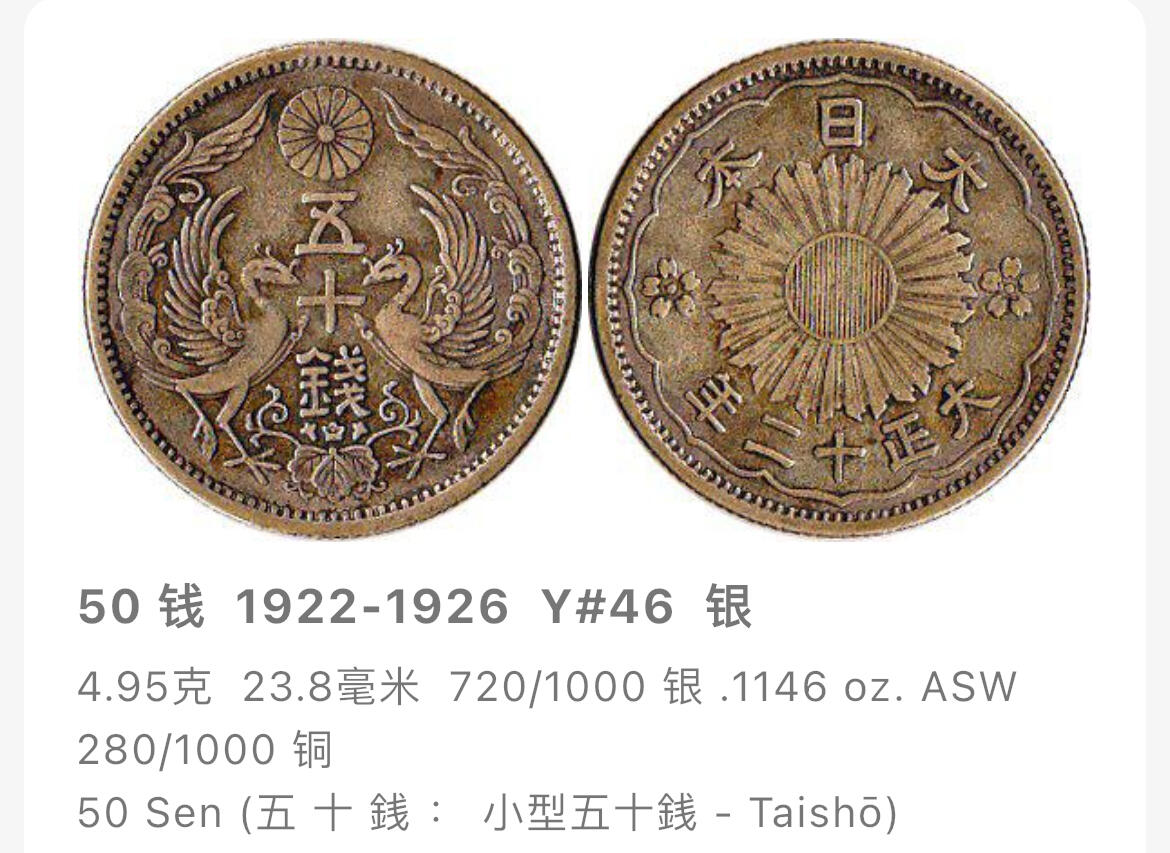 回流0218 新春快乐，马年大吉！ 日本大正十三年（1924年）五十钱双凤银币 银价4.95*72%*20=71元