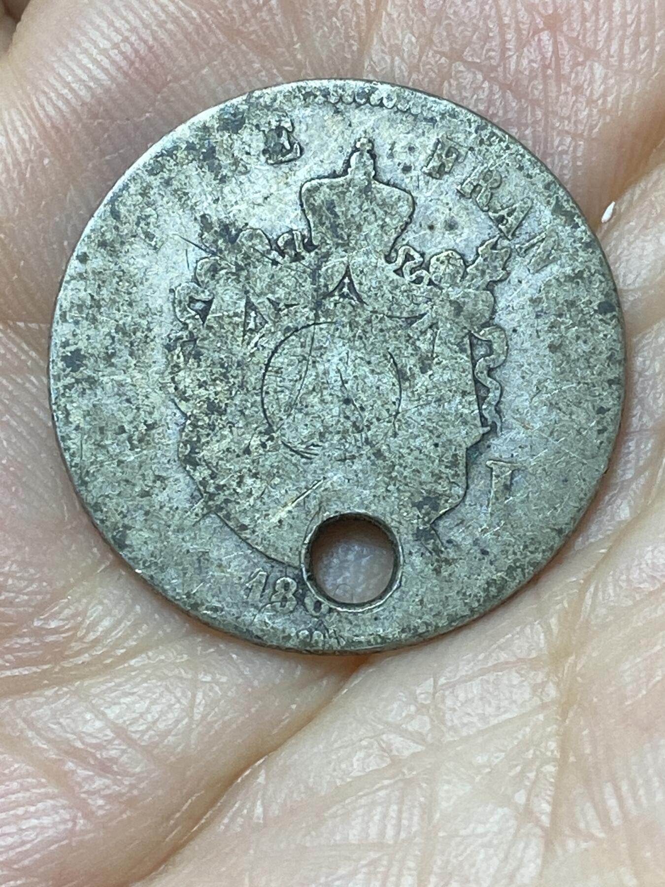 2026年第二十九场(总第一百九十八场）英国一线回流散币新年初九特拍场第一场(免佣金) 打孔–法兰西第二帝国186X年1法郎银币(拿破仑三世第二版，BB标斯特拉斯堡造，835高银)