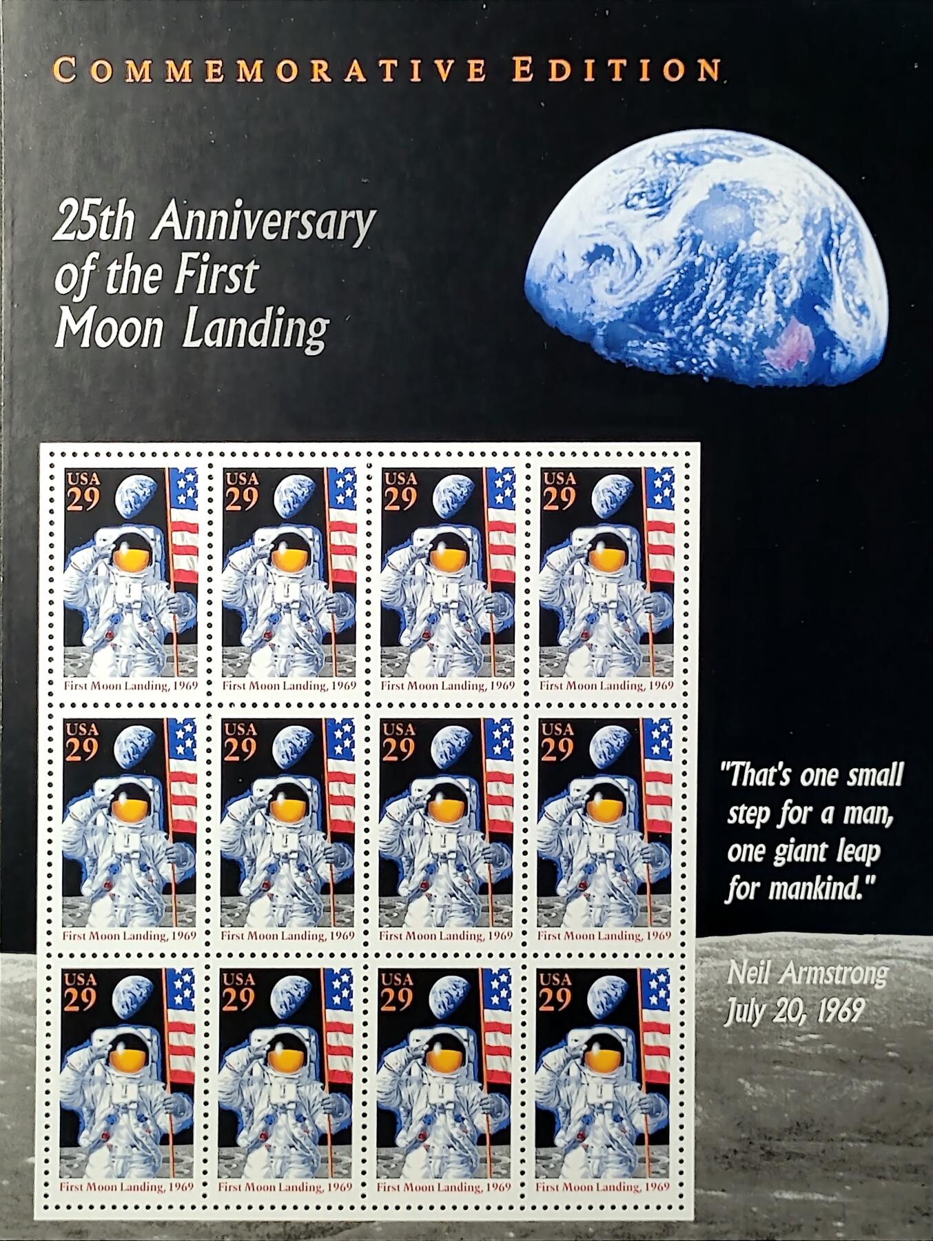 ↓君缘收藏747期☞钱币邮品↓无佣金、可寄存、满30元包邮  美国邮票，1994年人类首次登月25周年纪念邮票小版张