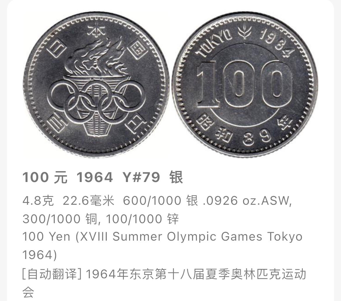 回流0218 新春快乐，马年大吉！ 日本昭和三十九年（1964年）东京奥运会百圆纪念银币 银价4.8*60%*20=58元