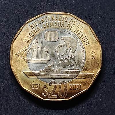 【全场包邮】纯粹捡漏拍504场 - 墨西哥2021年20比索墨西哥海军成立二百周年双色纪念币
