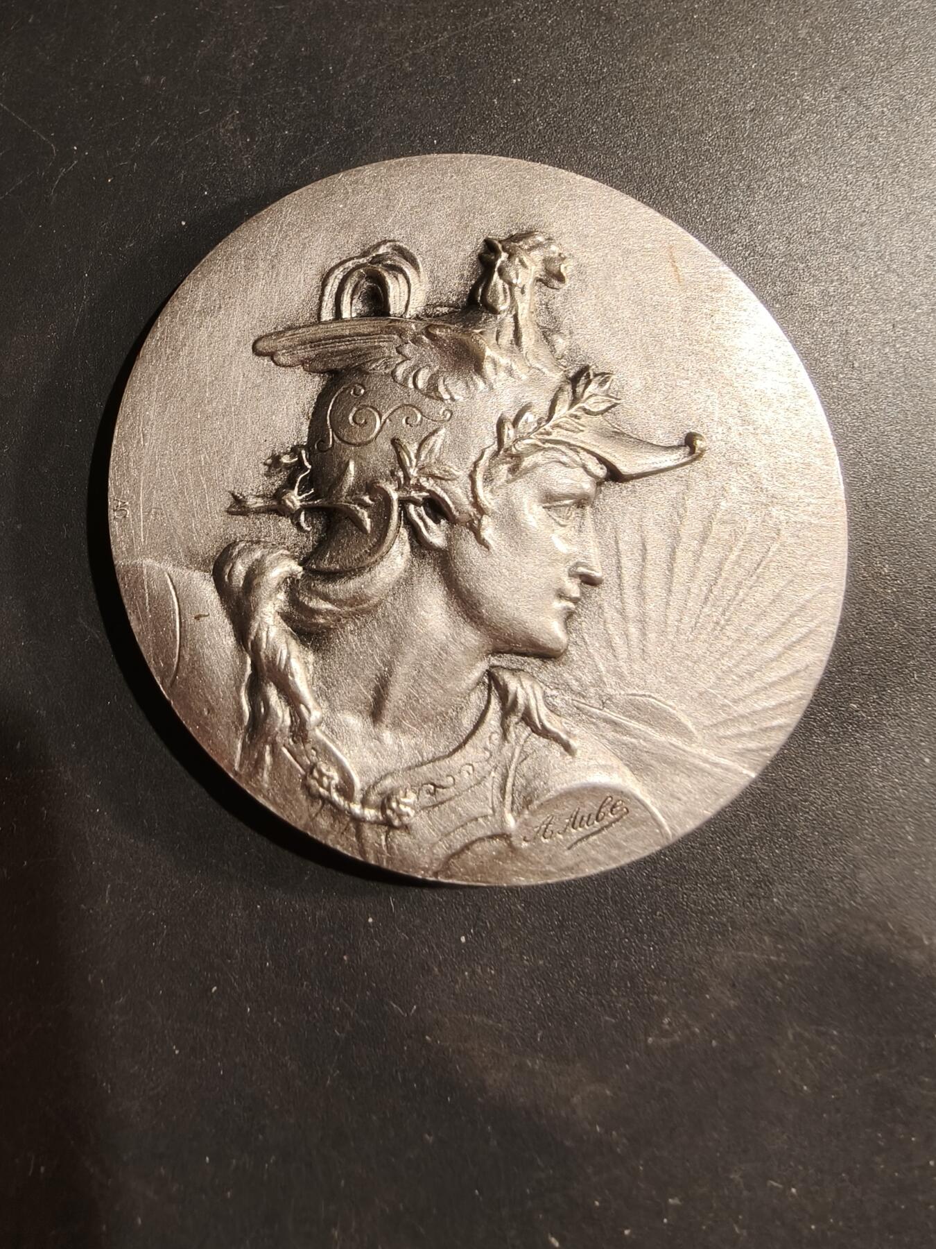 老王徽章第183期 法国油漆与玻璃工业企业家同业公会镀银大铜章     原盒，盒子卡扣不严     公鸡头玛丽安娜     直径54mm     重量70g 