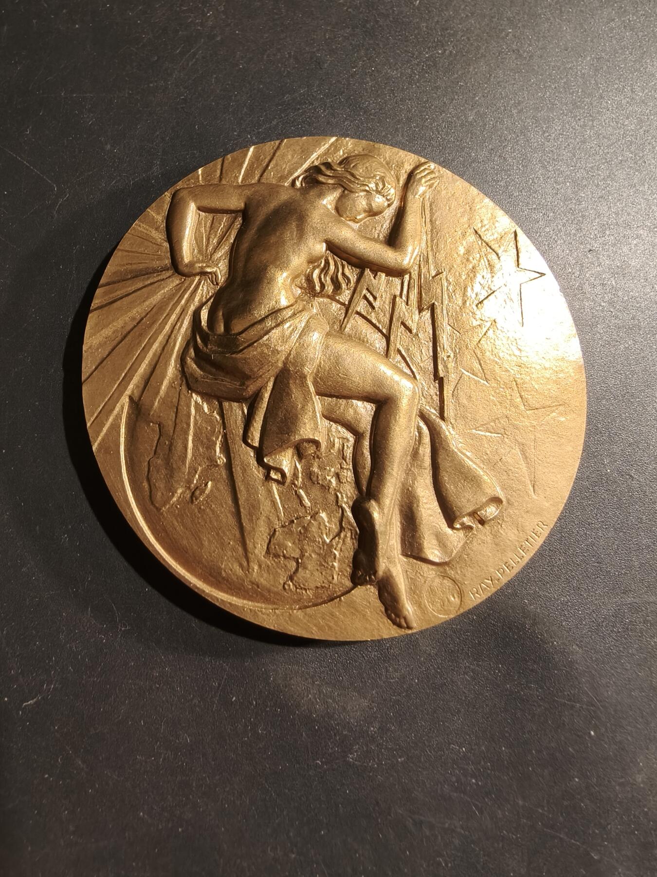 老王徽章第183期 法国电气工程总工会大铜章     原盒     直径66mm     重量164.3g