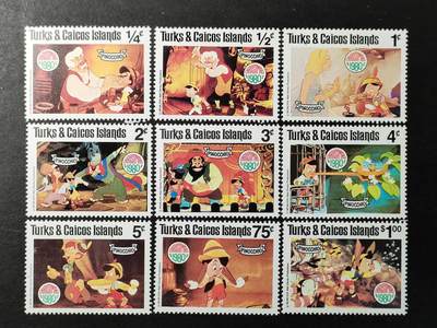 ↓君缘收藏747期☞钱币邮品↓无佣金、可寄存、满30元包邮  - 特克斯和凯科斯群岛邮票，1980年迪士尼卡通《匹诺曹》圣诞节邮票9全