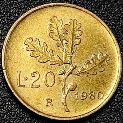 泉币菌-第195场- 新年快乐 新年第三场 本场拍品多 请提前出价 - 原铜光极美 1980年 意大利20里拉黄铜硬币 橡树叶 21mm