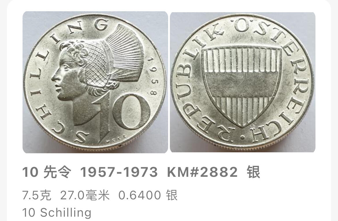 回流0218 新春快乐，马年大吉！ 奥地利1966年10先令“瓦豪女士”银币 银价7.5*64%*20=96元