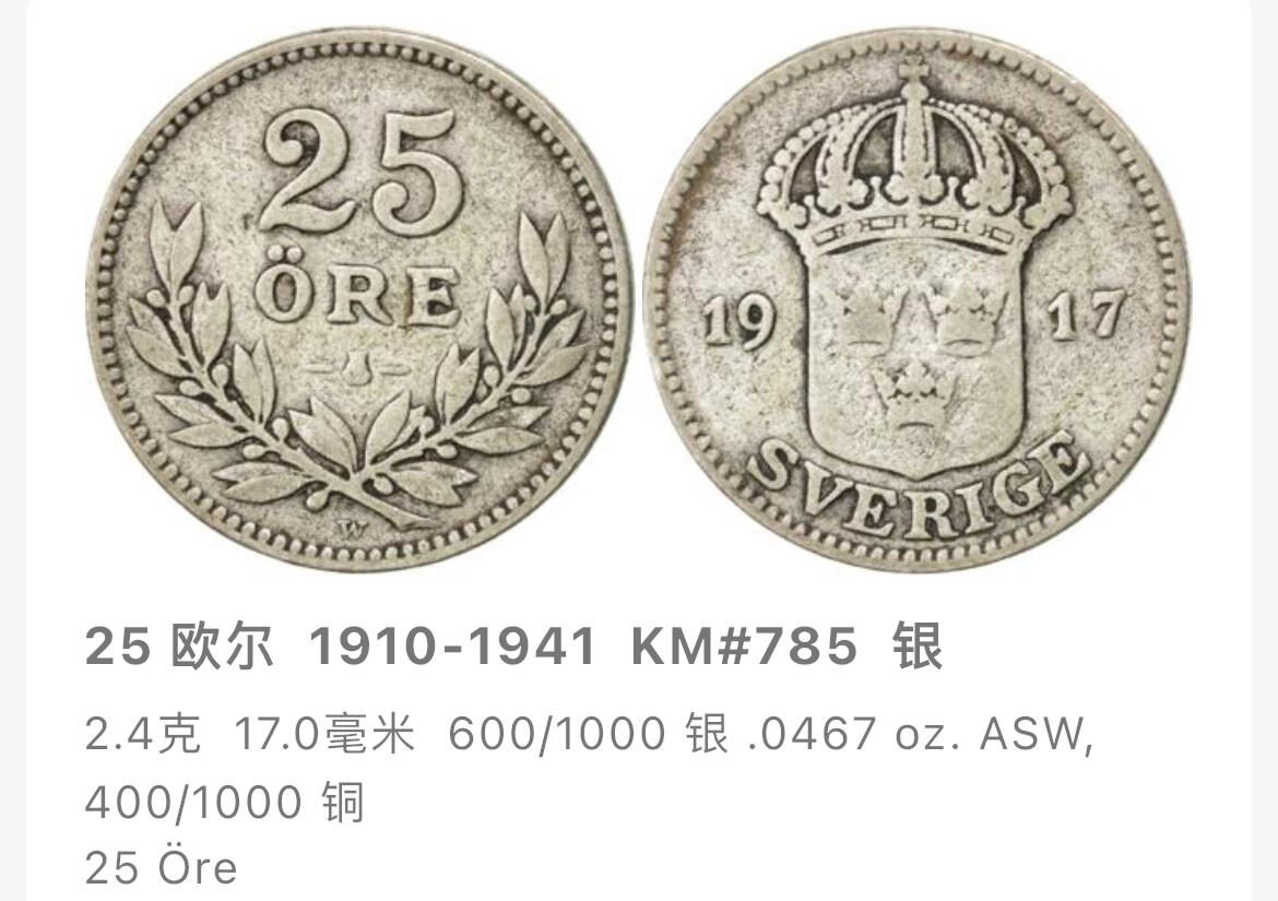 回流0218 新春快乐，马年大吉！ 瑞典1937年古斯塔夫五世25欧尔银币 银价2.4*60%*20=29元