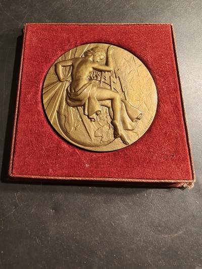 老王徽章第183期 - 法国电气工程总工会大铜章     原盒     直径66mm     重量166.2g