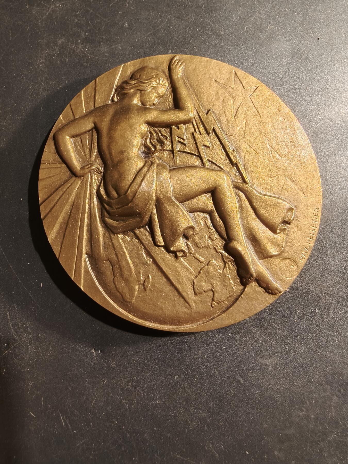 老王徽章第183期 法国电气工程总工会大铜章     原盒     直径66mm     重量166.2g