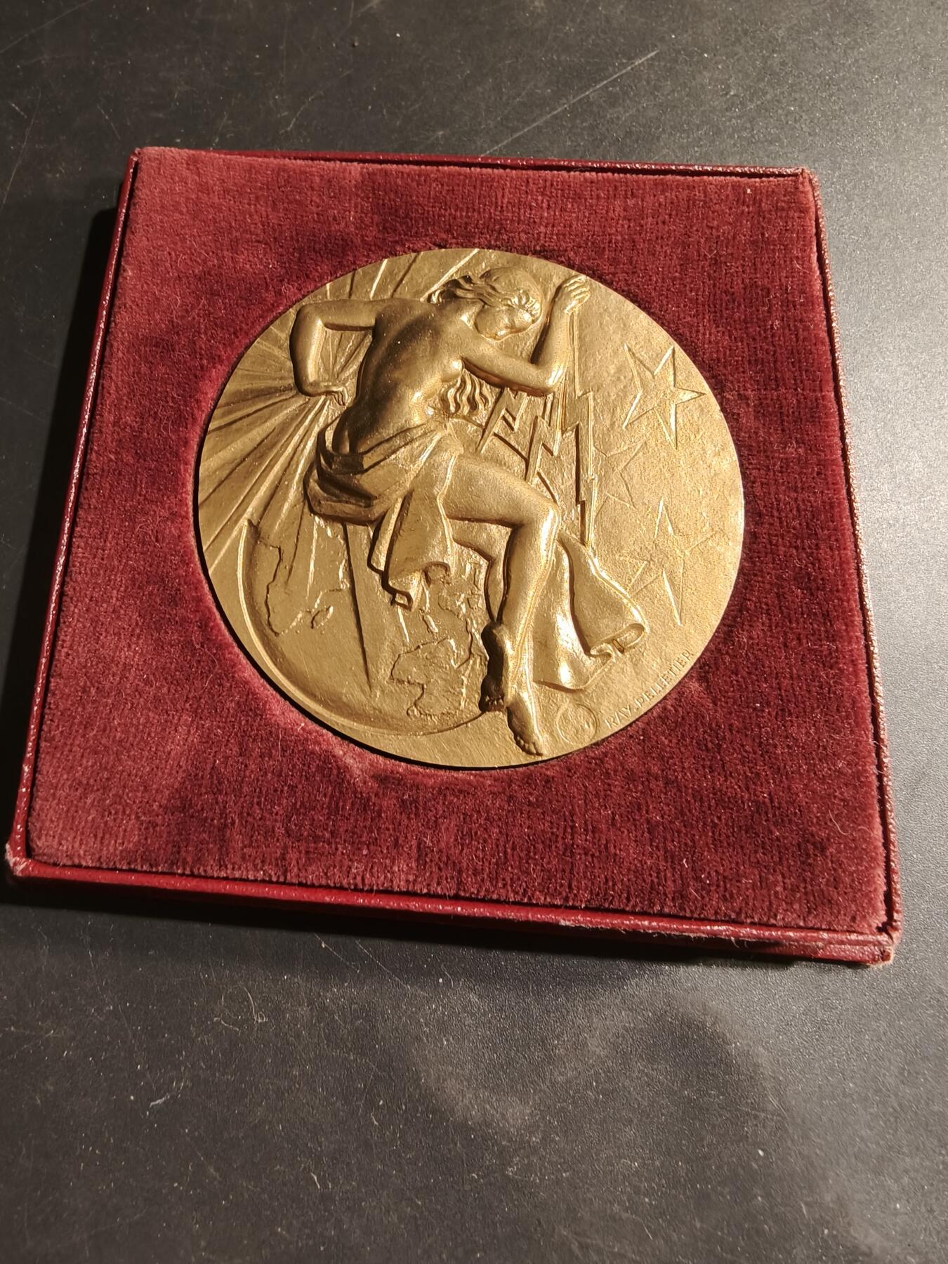 老王徽章第183期 法国电气工程总工会大铜章     原盒     直径66mm     重量164.3g