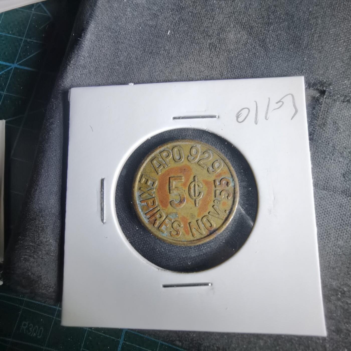 沼泽如烟--第1001场 美军驻日本板付空军基地（Itazuke Air Base）士官俱乐部5美分代用币（Military Trade Token），发行于1955年。