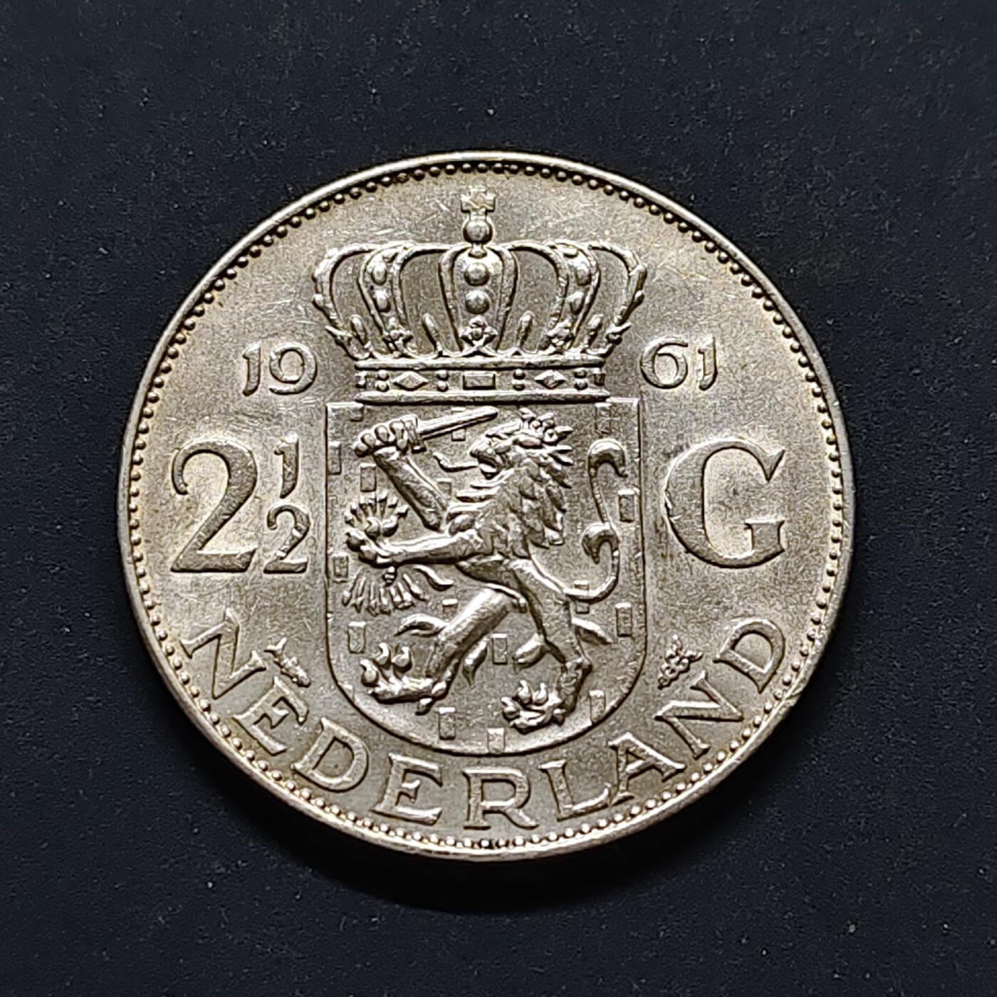 【全场包邮】纯粹捡漏拍504场-更新中 荷兰1961年朱莉安娜2.5盾银币【33毫米15克72%】