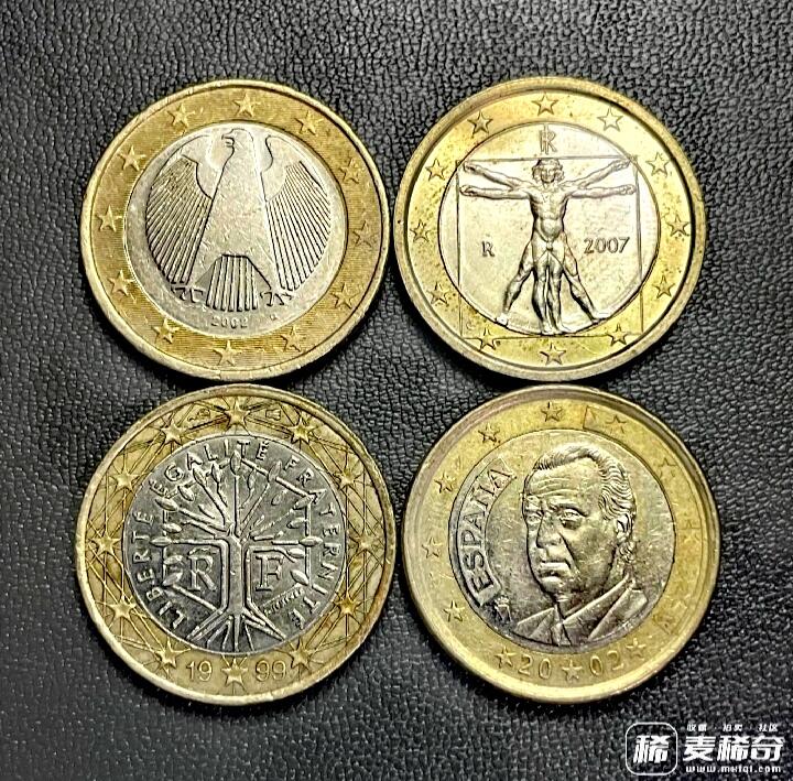 近全新意大利、德国、西班牙、法国1999、2002、2002、2007年1欧元靓品硬币4枚一组，其中三枚为首年首发版