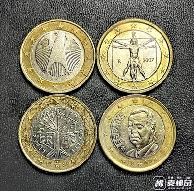 近全新意大利、德国、西班牙、法国1999、2002、2002、2007年1欧元靓品硬币4枚一组，其中三枚为首年首发版 - 近全新意大利、德国、西班牙、法国1999、2002、2002、2007年1欧元靓品硬币4枚一组，其中三枚为首年首发版