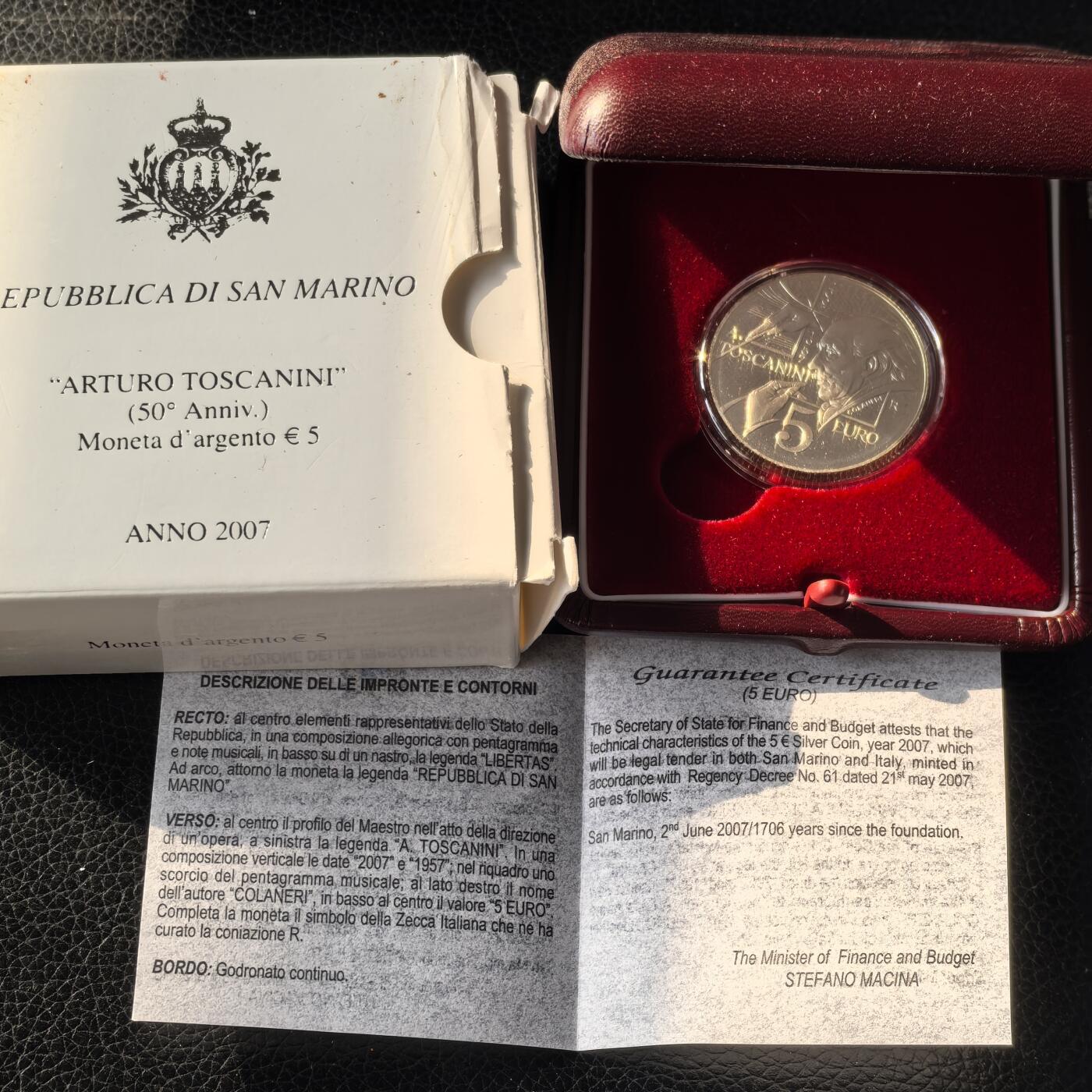 道一币馆币章第一百六十六场 原盒证 圣马力诺2007年指挥家托斯卡尼尼逝世50周年5欧元银币 18g 925s