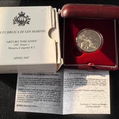 道一币馆币章第一百六十六场 - 原盒证 圣马力诺2007年指挥家托斯卡尼尼逝世50周年5欧元银币 18g 925s