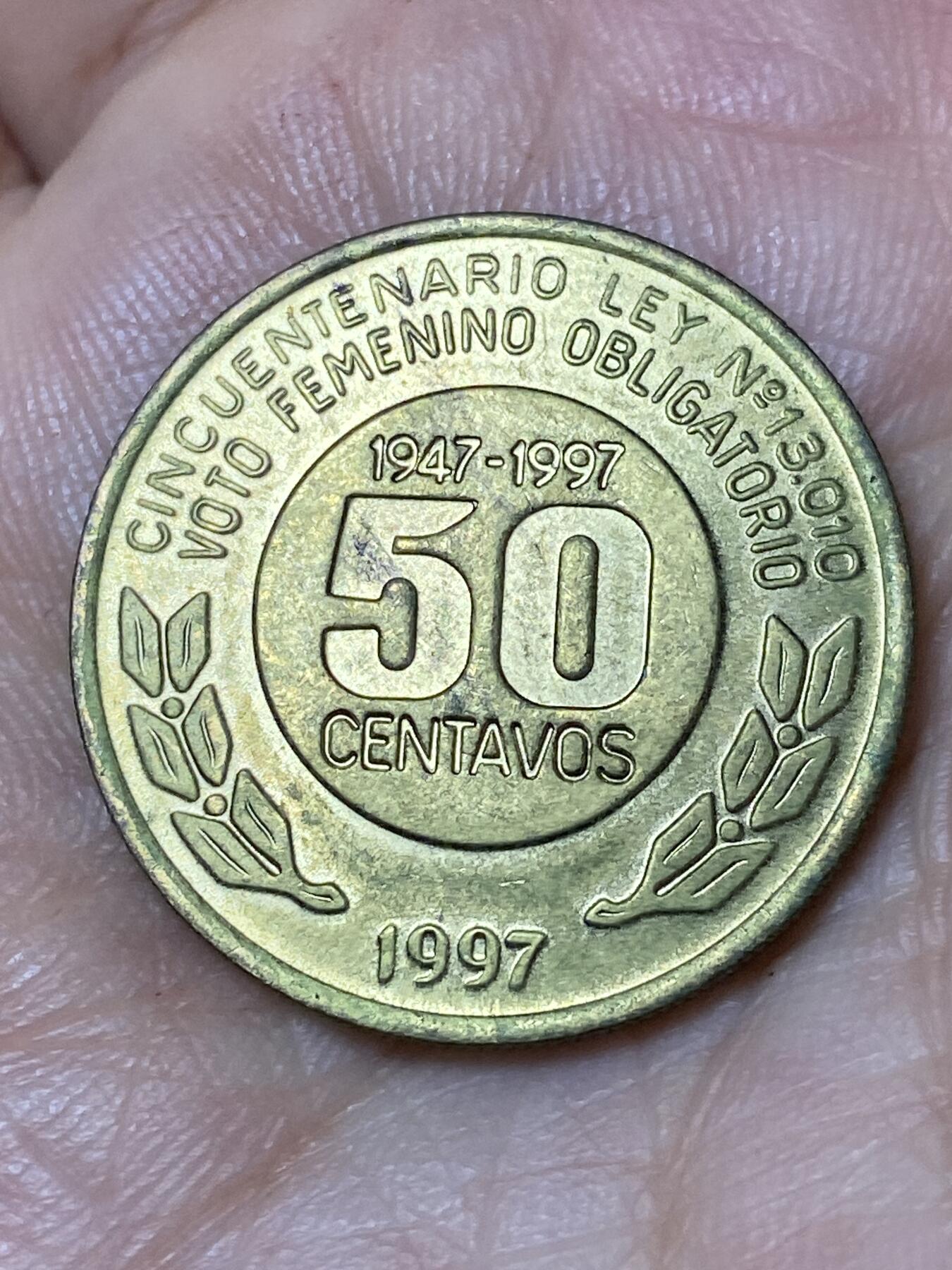 2026年第三十场(总第一百九十九场）英国一线回流散币特拍第二场(免佣金) 稀见品种–阿根廷🇦🇷1997年50分(女性获得强制选举权50周年纪念币，阿根廷著名女性领袖伊娃·裴隆头像)