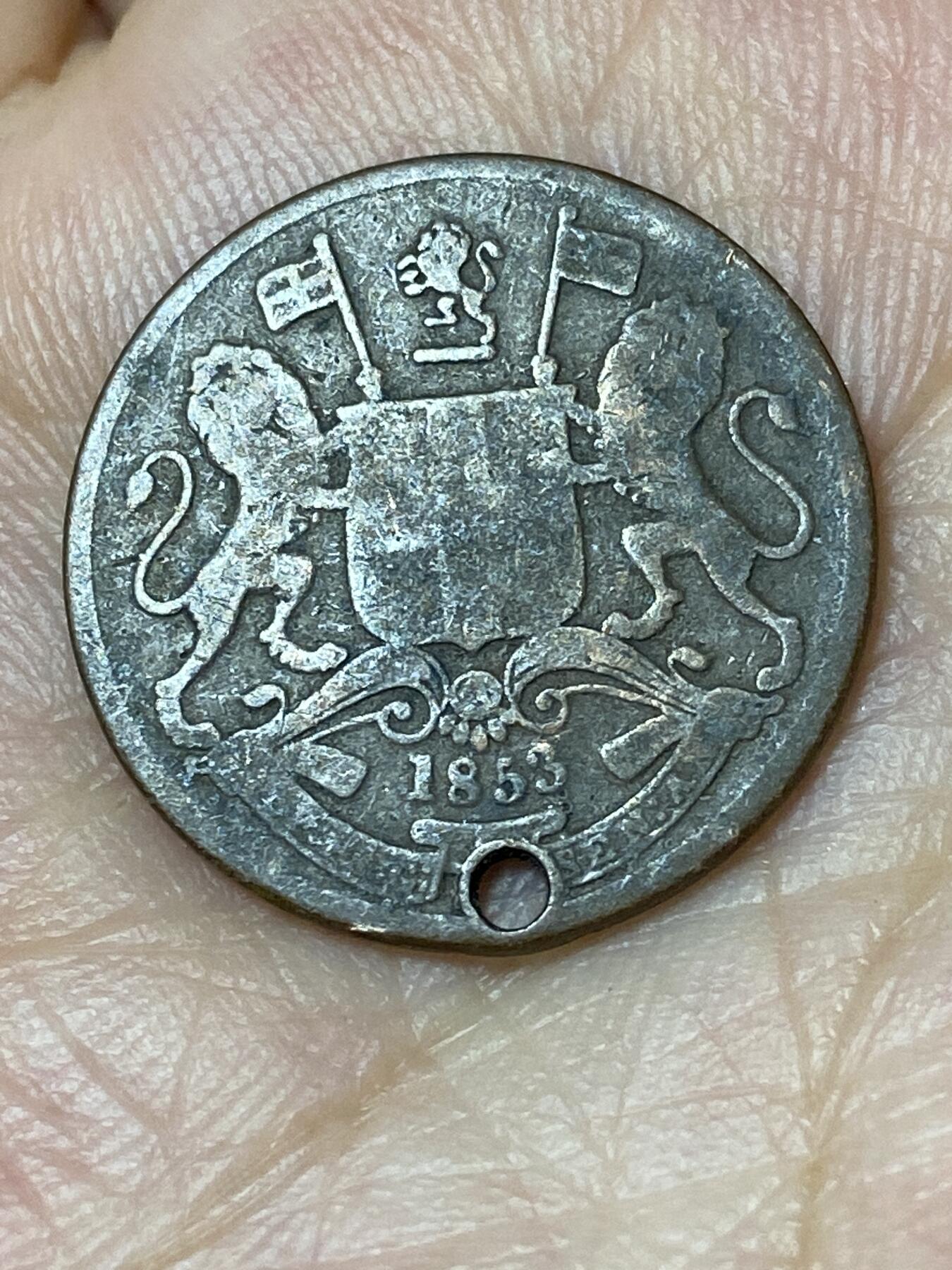 2026年第三十场(总第一百九十九场）英国一线回流散币特拍第二场(免佣金) 打孔–英属东印度公司1853年1/2派斯(维多利亚女王时期)