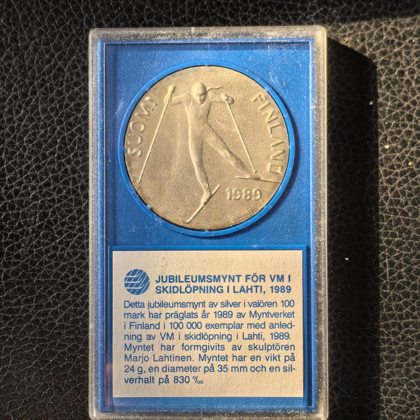 道一币馆币章第一百六十六场 原包装 芬兰1989年第27届拉赫蒂北欧滑雪锦标赛100马克银币