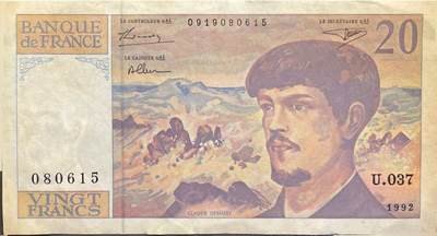 回流0301 - 法国1992年版20法国法郎（¥24.85元）纸币