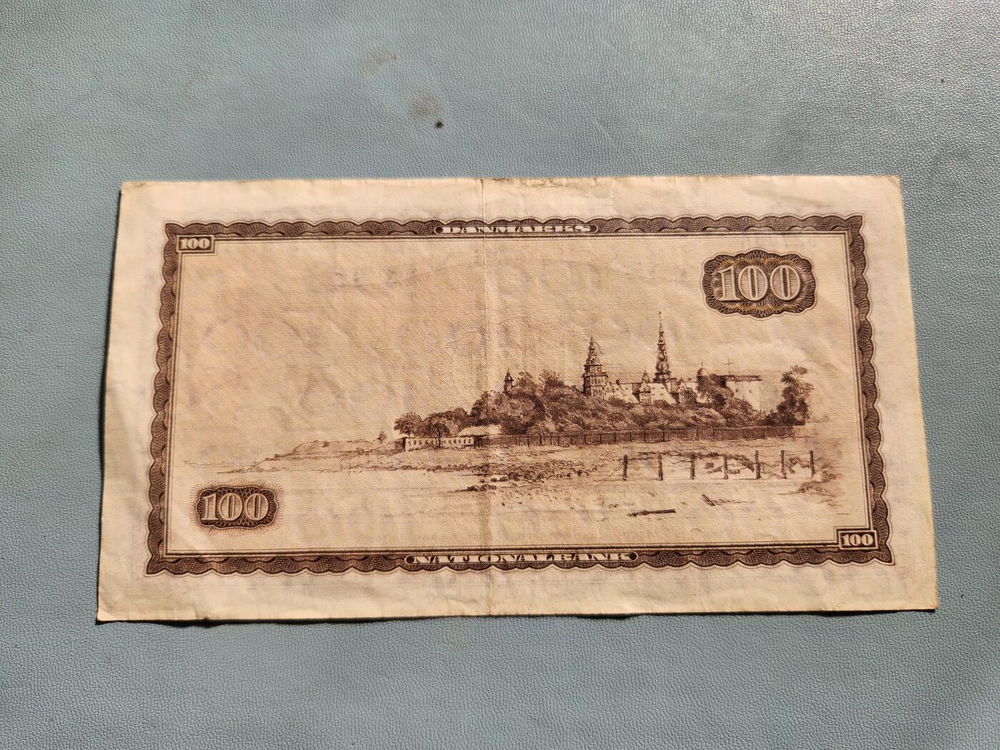 2月20号晚上8点 外国纸币自动截拍第27场 丹麦克朗100 丹麦纸币 物理学家奥斯特 1970年 原票美品