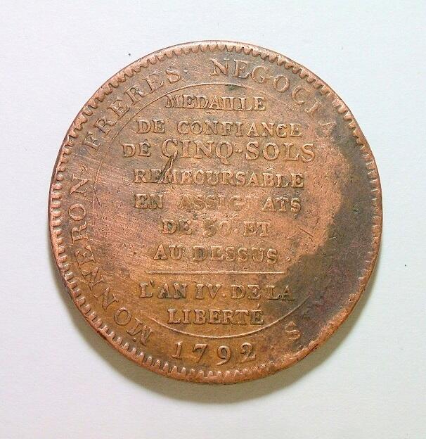 法国1792年 大革命莫奈龙5索尔高浮雕大铜币章 40MM