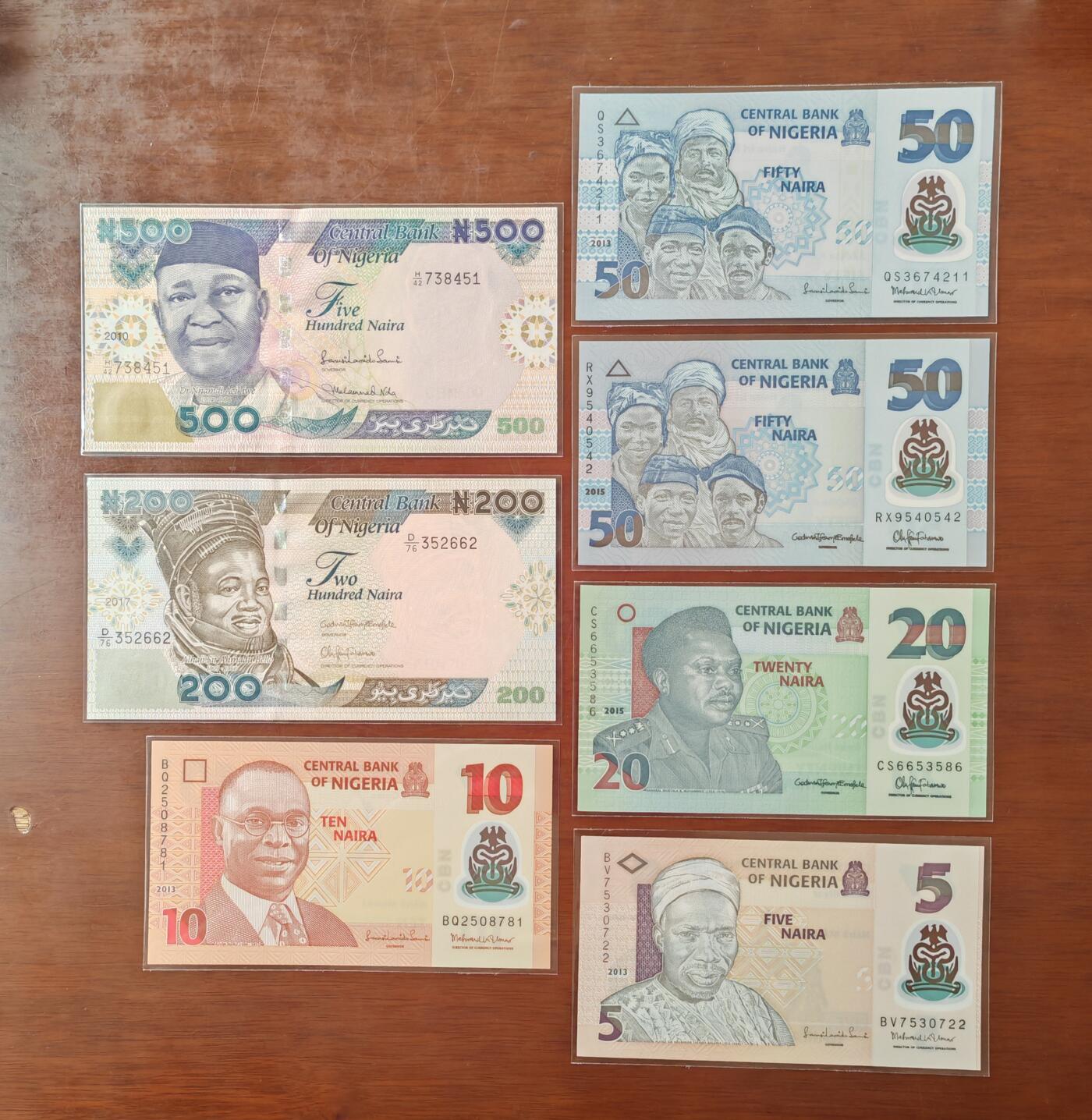 【礼羽收藏】🌏世界钱币拍卖125期  （一组7张）【UNC】非洲 尼日利亚 5.10.20.50.50.200.500