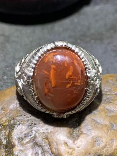 精美柿子红冻料火焰纹南红玛瑙活口霸气戒指一枚 - 精美柿子红冻料火焰纹南红玛瑙活口霸气戒指一枚