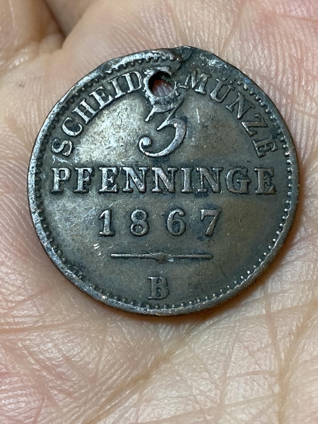 2026年第三十场(总第一百九十九场）英国一线回流散币特拍第二场(免佣金) 德意志邦国–普鲁士王国1867年3芬尼(等值1/120泰勒，威廉一世时期，B标汉诺威造)