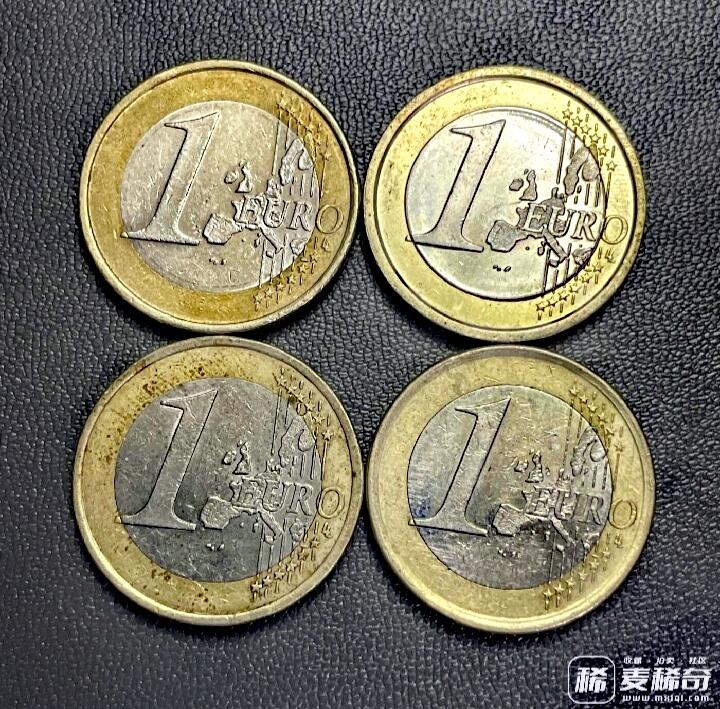 近全新意大利、德国、西班牙、法国1999、2002、2002、2007年1欧元靓品硬币4枚一组，其中三枚为首年首发版