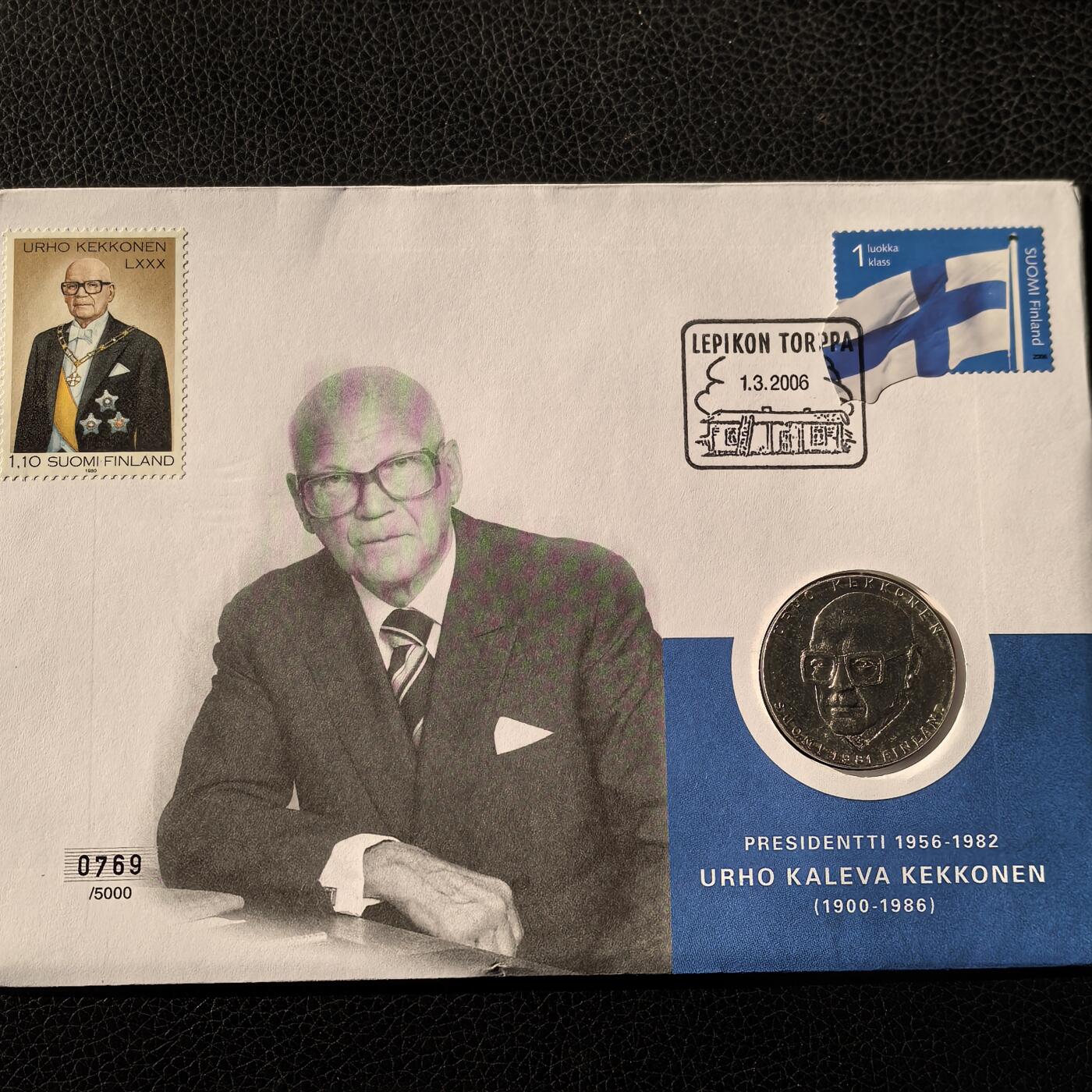 道一币馆币章第一百六十六场 邮币封 芬兰1981年总统凯科宁80岁生日50马克纪念银币