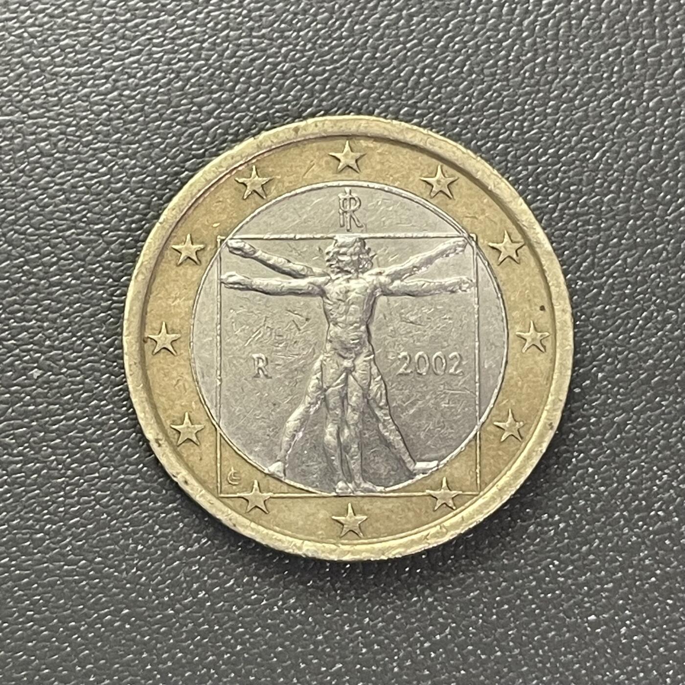 回流0301 意大利2002年1欧元双金属币 达·芬奇《维特鲁威人》