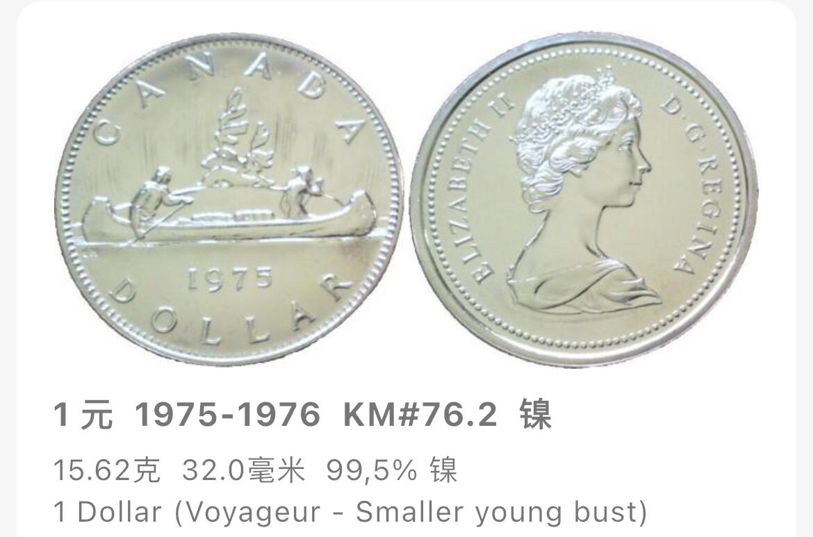回流0218 新春快乐，马年大吉！ 加拿大1975年1加元纯镍币 独木舟和北极光