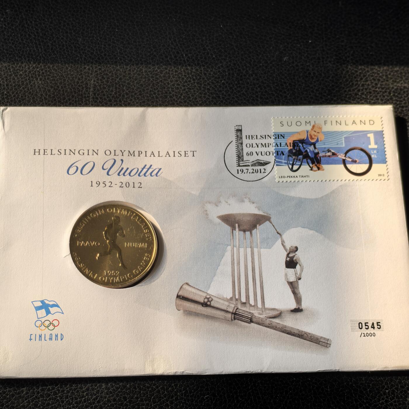 道一币馆币章第一百六十六场 邮币封 芬兰2012年赫尔辛基奥运会60周年镀金纪念章