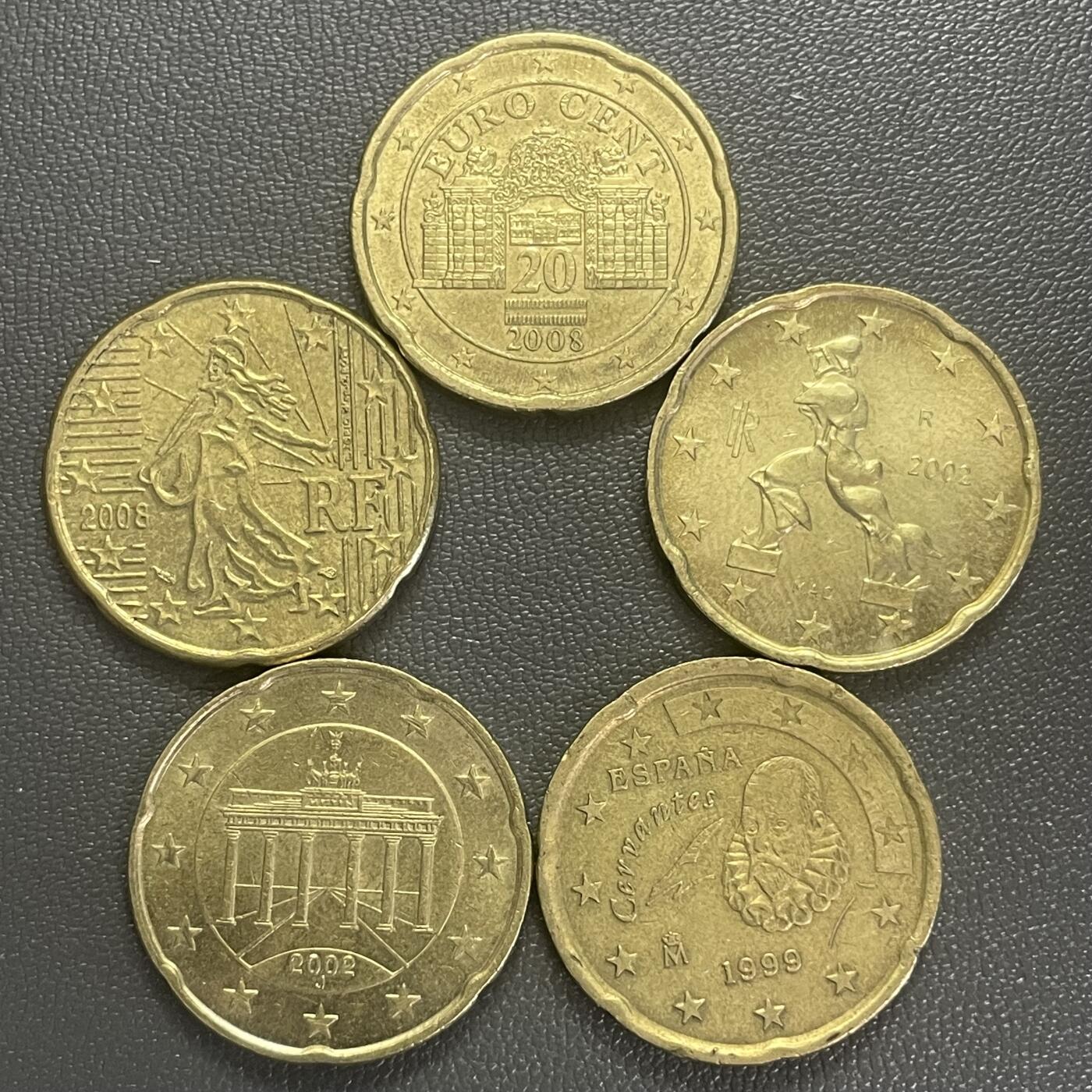 回流0218 新春快乐，马年大吉！ 欧元20分5枚 奥地利、法国、意大利、德国、西班牙