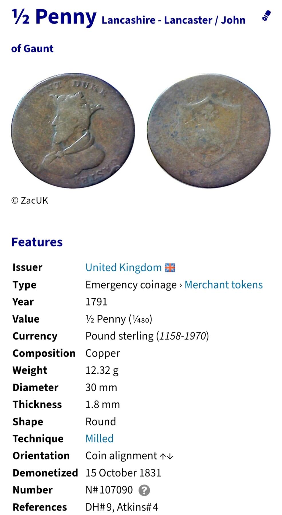 2026年第三十场(总第一百九十九场）英国一线回流散币特拍第二场(免佣金) 英国🇬🇧1791年1/2便士(兰开夏郡兰开斯特代币，币面人物为根特的约翰是爱德华三世的第四个儿子。)