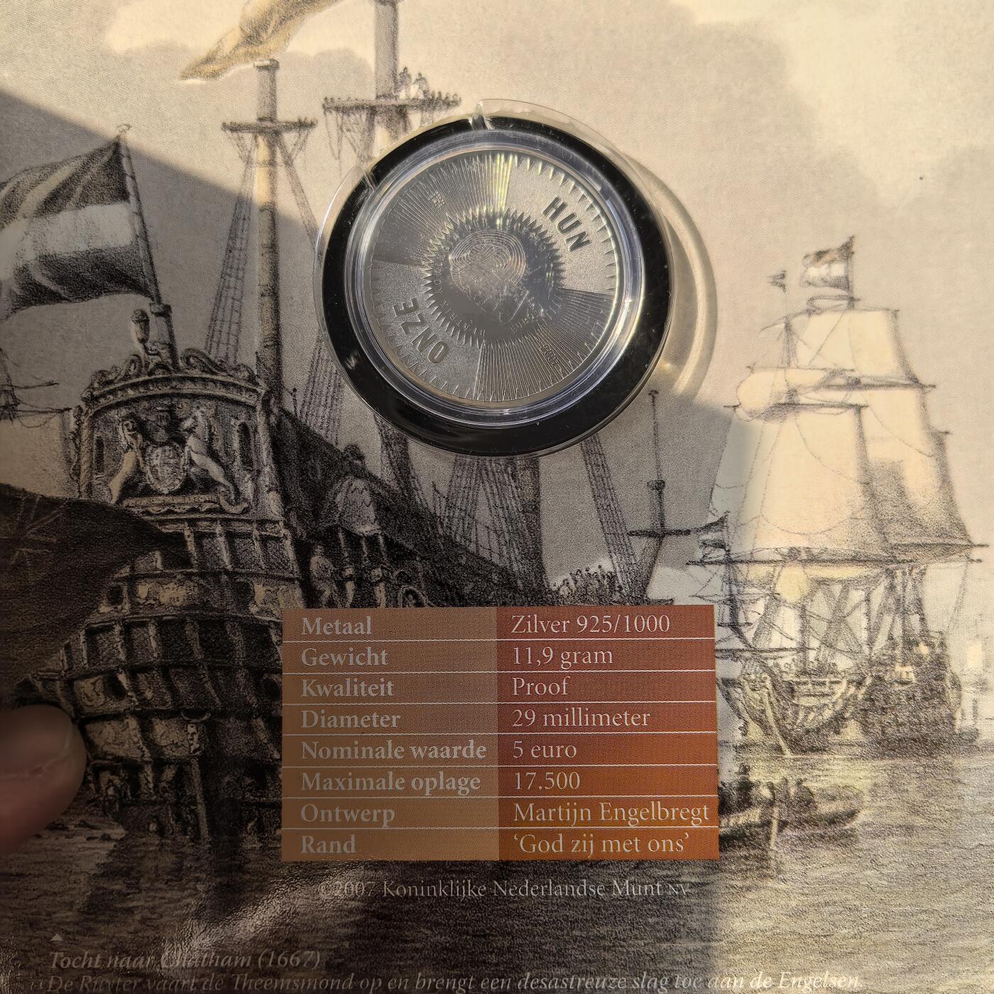 道一币馆币章第一百六十六场 原包装 荷兰2007年海军上将鲁伊特诞辰400周年5欧元精制银币