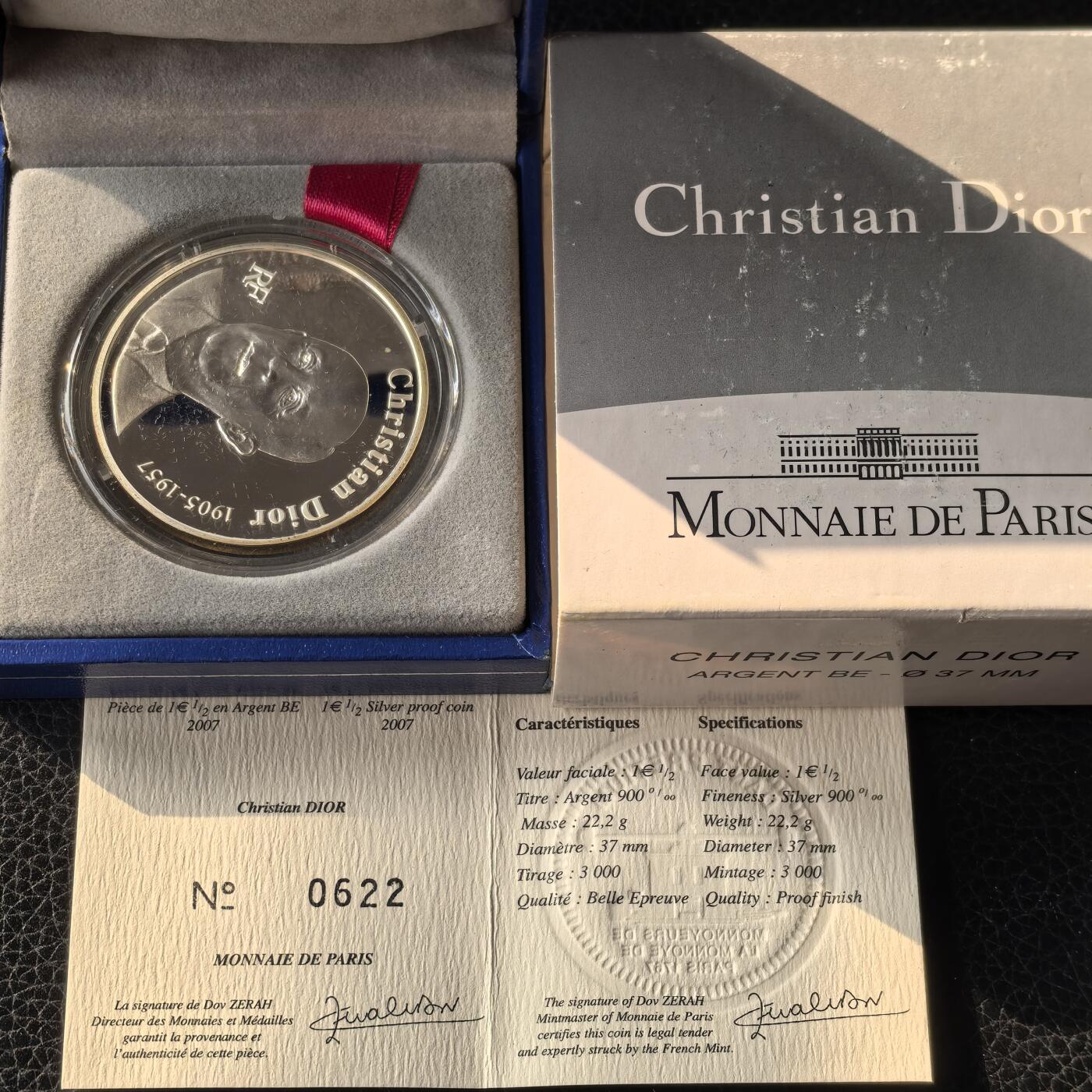 道一币馆币章第一百六十六场 原盒证 法国2007年知名品牌迪奥创始人逝世50周年10欧元精制银币