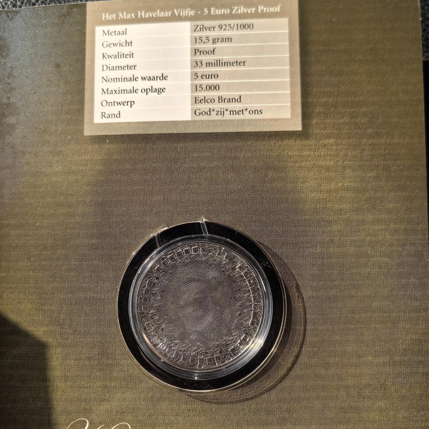 道一币馆币章第一百六十六场 原包装 荷兰2010年小说家穆尔塔图里作品《马格斯·哈弗拉尔》发行150周年5欧元精制银币