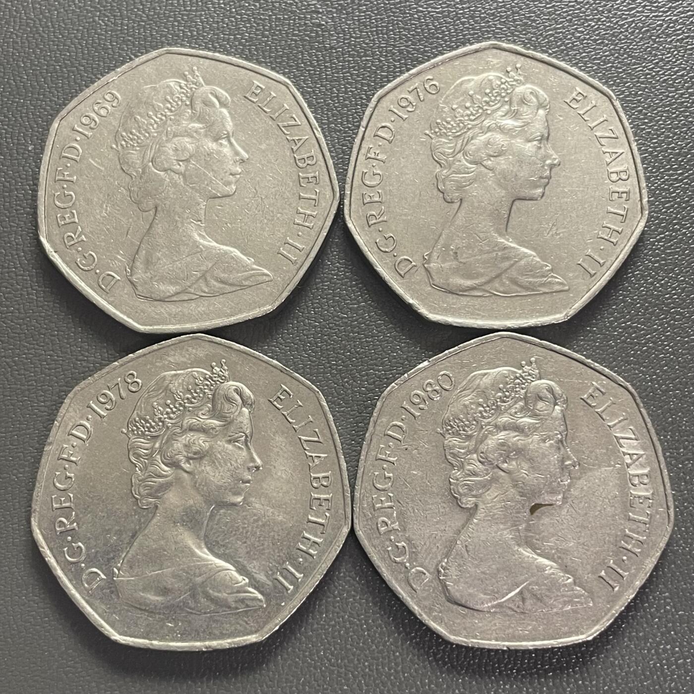 回流0218 新春快乐，马年大吉！ 英国1968、1976、1978、1980年50新便士4枚 不列颠女神/花冠女王