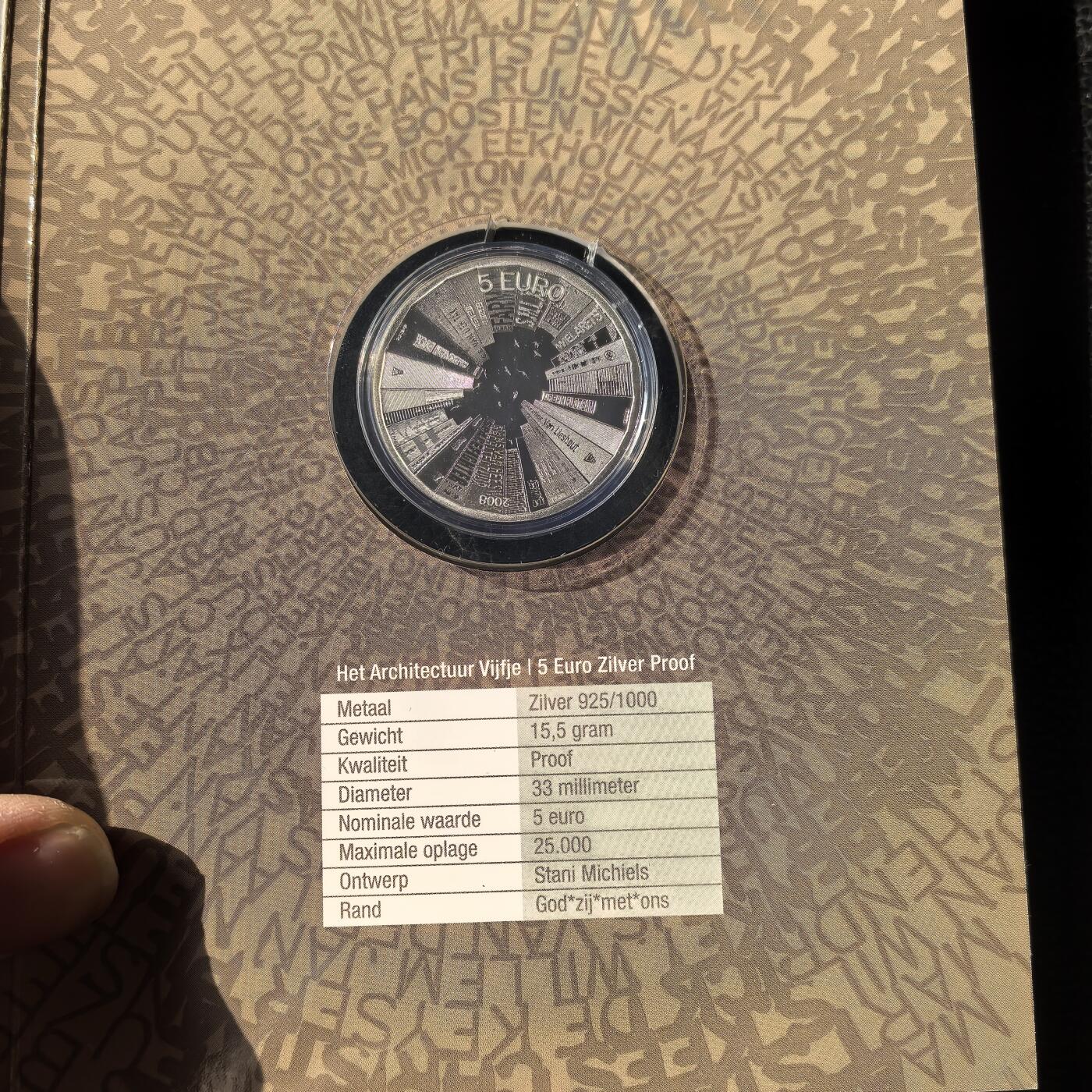 道一币馆币章第一百六十六场 原包装 荷兰2008年建筑文化发展5欧元精制银币