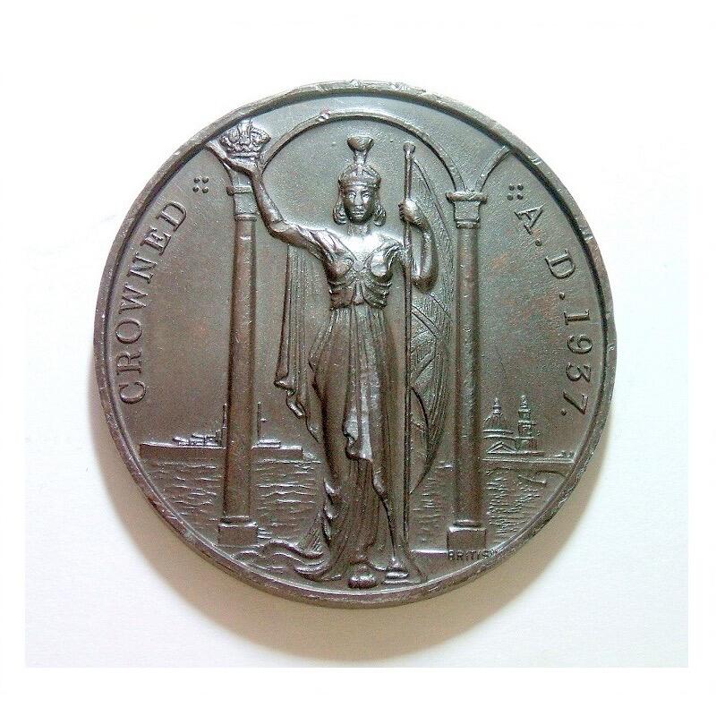 英国1937年 乔治六世和皇后+海神高浮雕精制大铜章 45MM