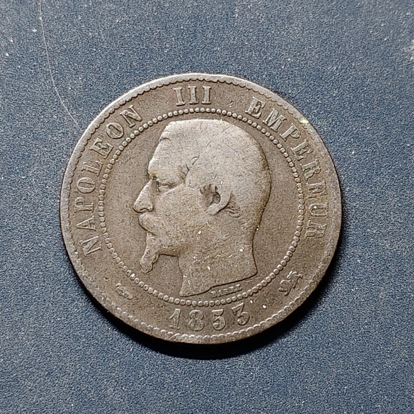 【全场包邮】纯粹捡漏拍504场-更新中 法国第二帝国1853年拿破仑三世10分铜币