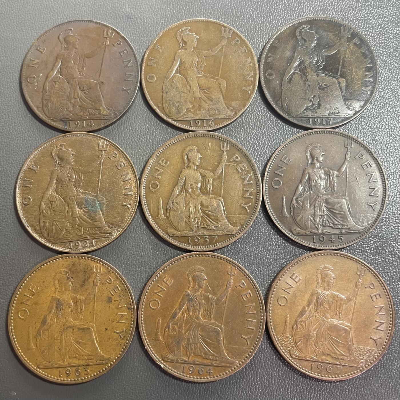 回流0218 新春快乐，马年大吉！ 英国不同年份1便士大铜币9枚 不列颠女神