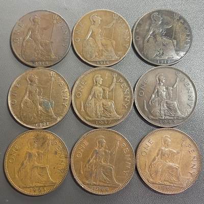 回流0218 新春快乐，马年大吉！ - 英国不同年份1便士大铜币9枚 不列颠女神