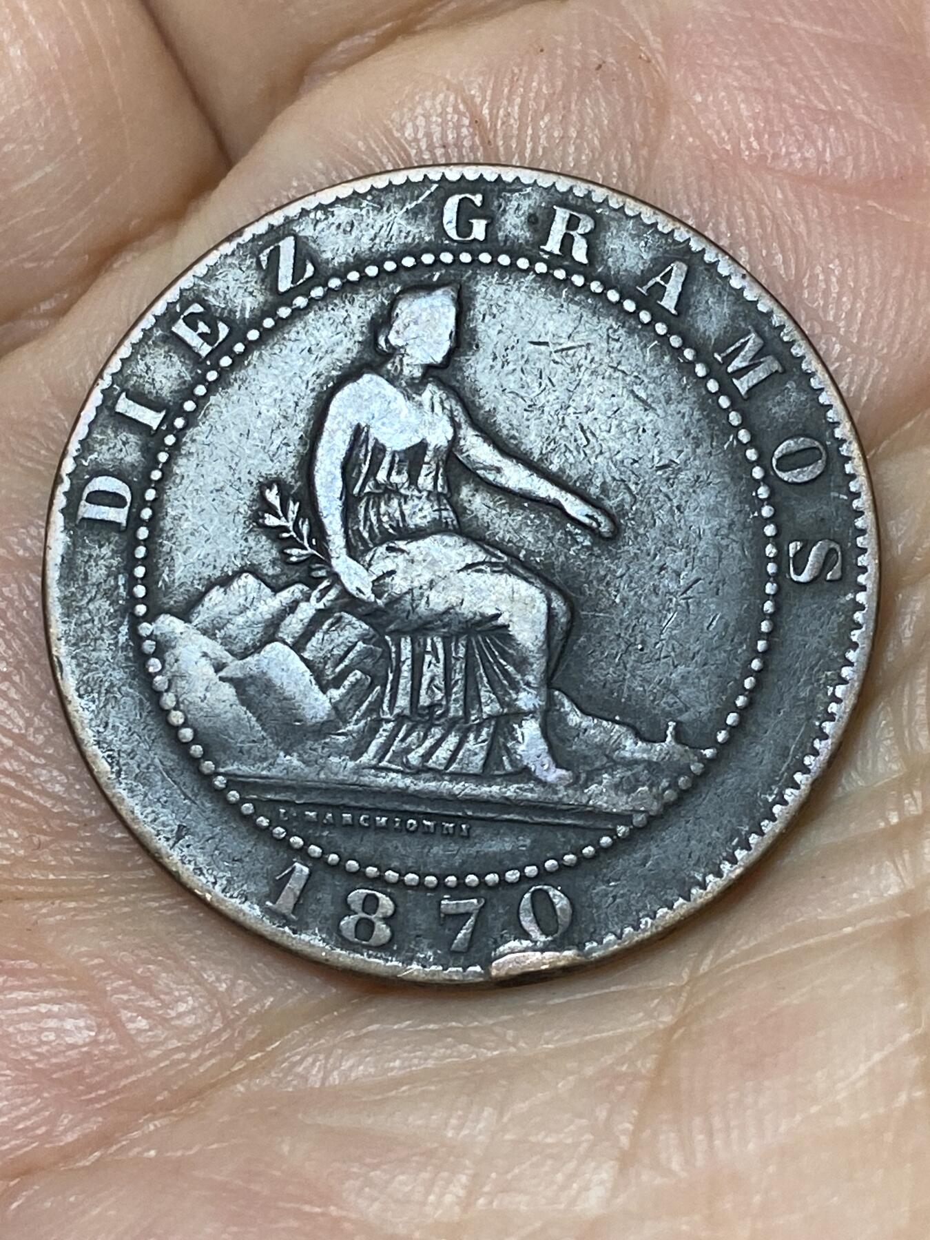 2026年第三十场(总第一百九十九场）英国一线回流散币特拍第二场(免佣金) 西班牙1870单年份10分(临时政府时期，OM八角星标巴塞罗那造)